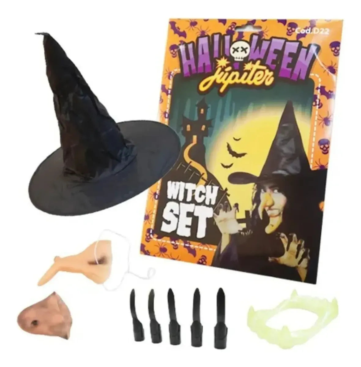 Set Completo Bruja Halloween Gorro Nariz Diente Uñas Disfraz