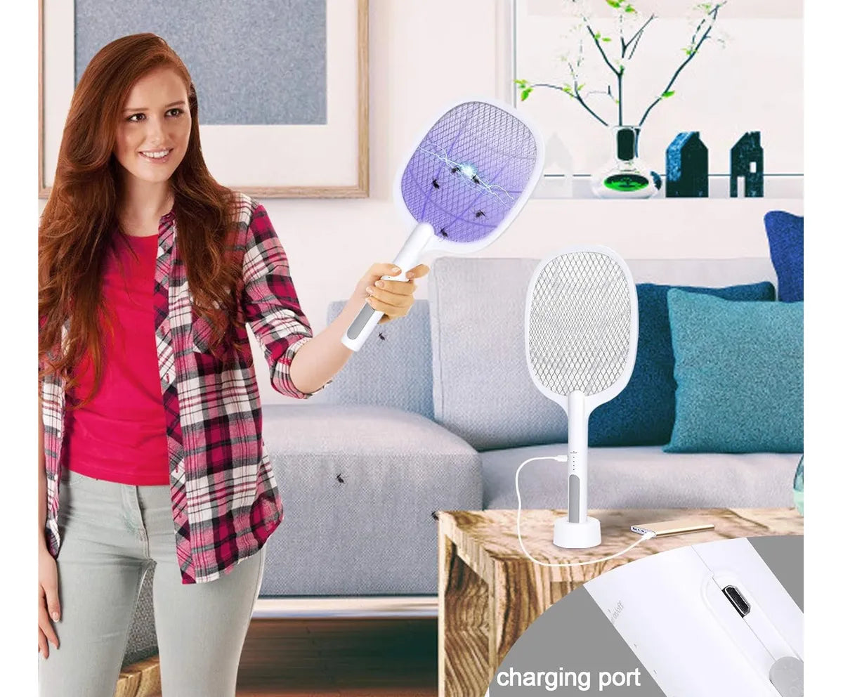 Raqueta Eléctrica Antimosquitos 2 en 1 con Luz LED UV y Base - Recargable USB 🦟⚡