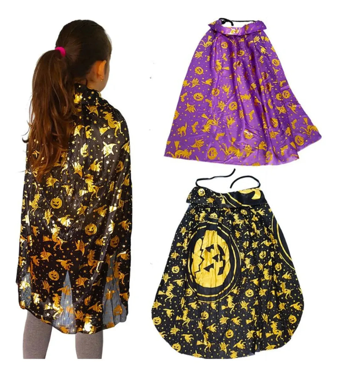Capa Brujo Bruja Infantil Halloween Estampa Dorada Disfraz
