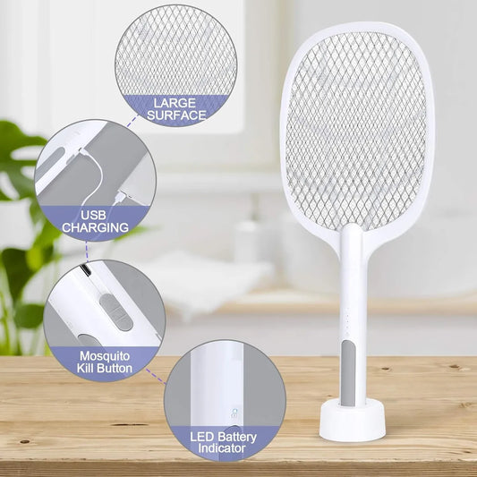 Raqueta Eléctrica Antimosquitos 2 en 1 con Luz LED UV y Base - Recargable USB 🦟⚡