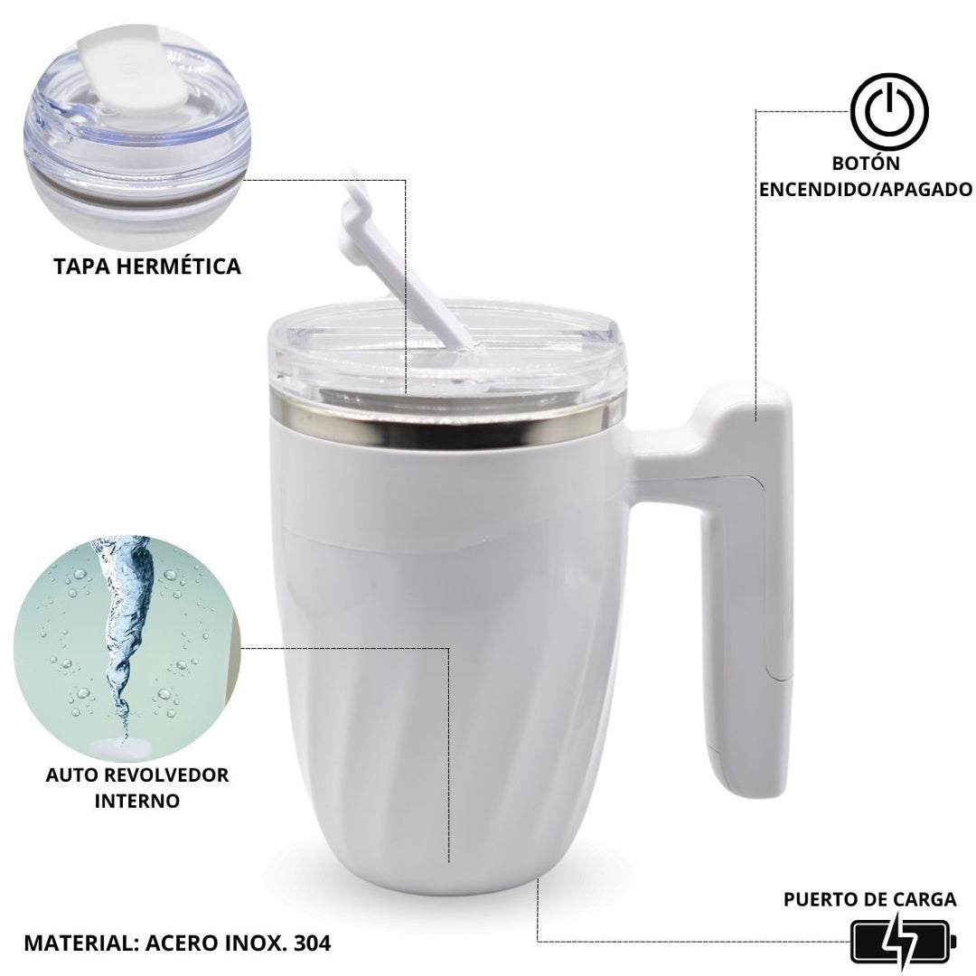 Taza Térmica Auto Revolvedora con Mango 380ml - Recargable USB