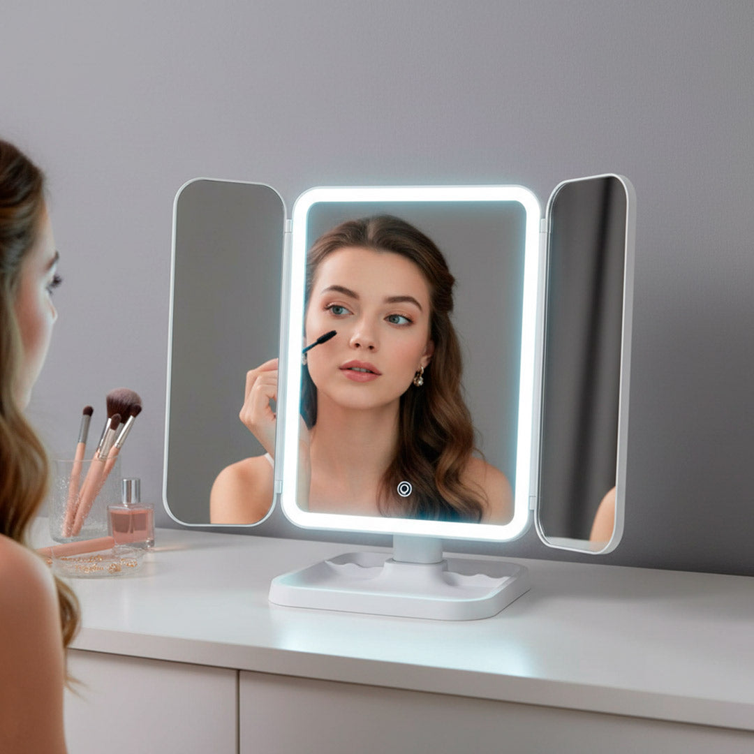 Espejo de Tocador Triple LED Plegable | Aumento 3x y Batería 2000mAh