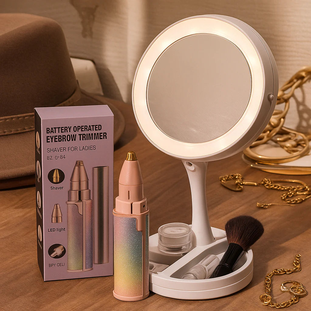 Kit Depilador Facial y Cejas 2en1 Recargable + Espejo LED Aumento 10X