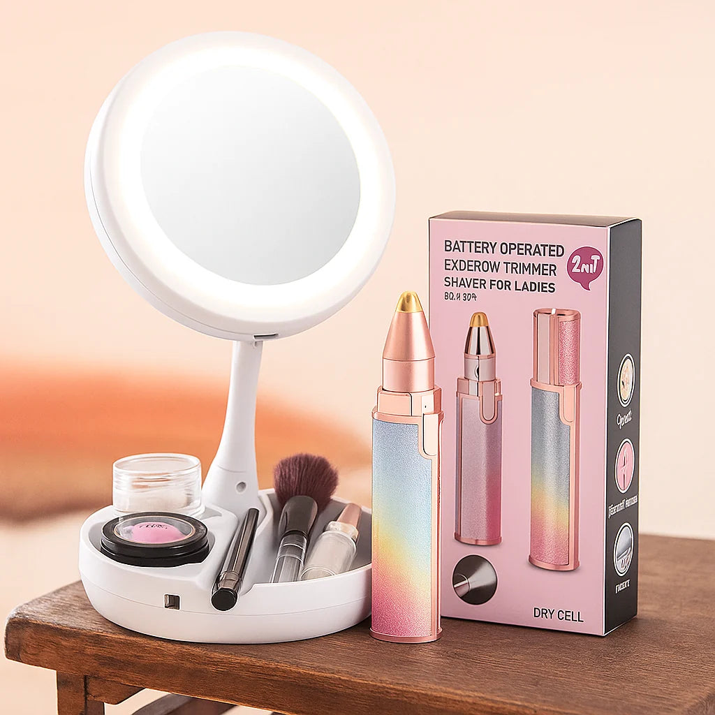 Kit Depilador Facial y Cejas 2en1 Recargable + Espejo LED Aumento 10X