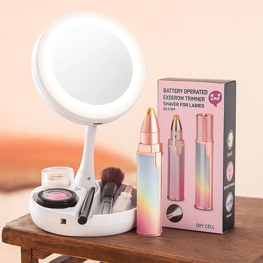 Kit Depilador Facial y Cejas 2en1 Recargable + Espejo LED Aumento 10X