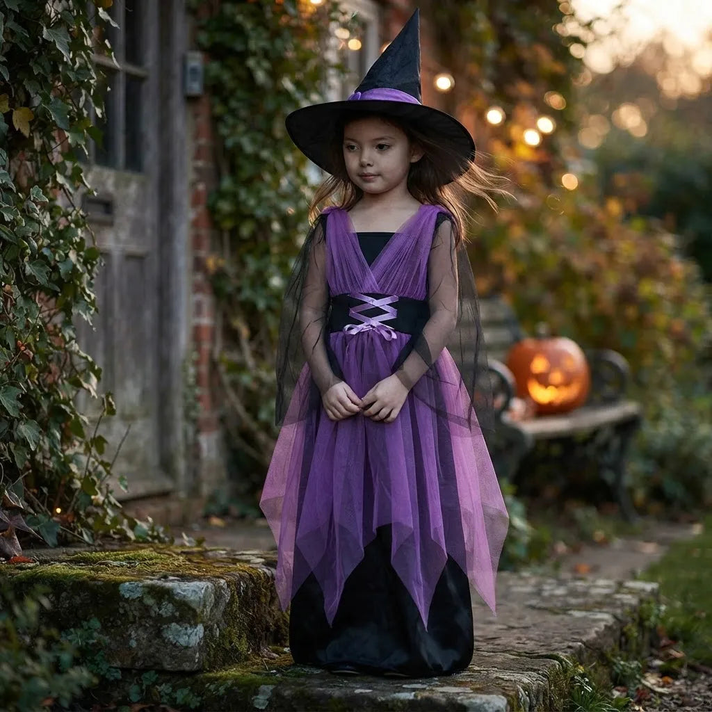 Disfraz Brujita Vestido Violeta Sombrero Morado Para Niña