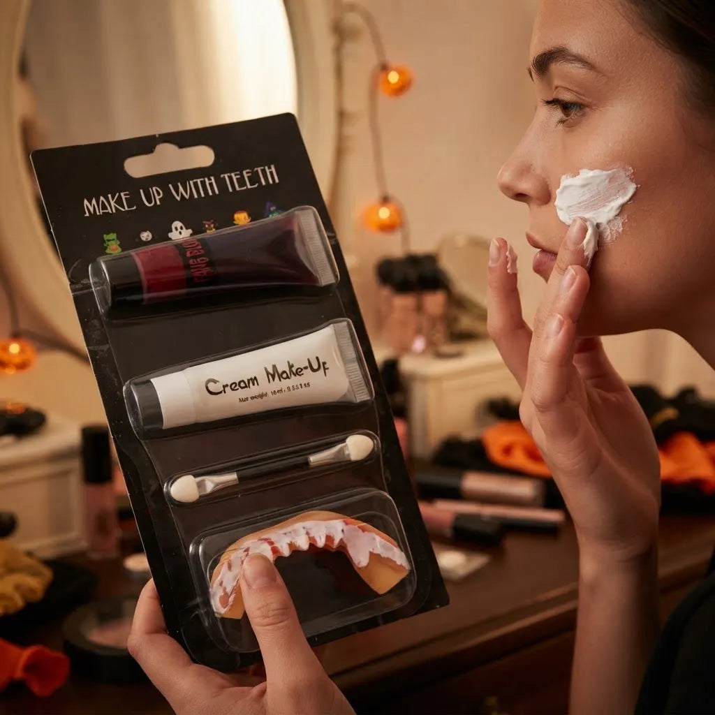 Kit Maquillaje Vampiro Sangre Falsa Blanco Colmillos Pincel