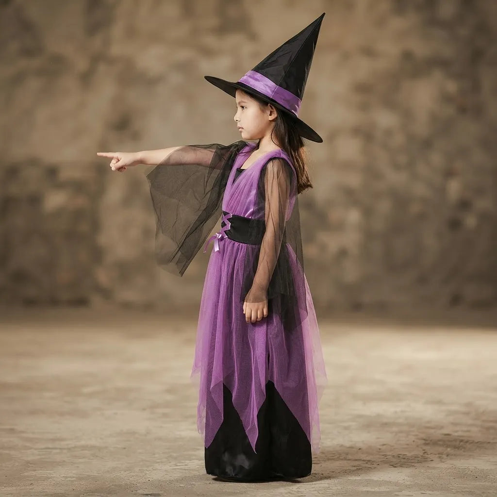 Disfraz Brujita Vestido Violeta Sombrero Morado Para Niña