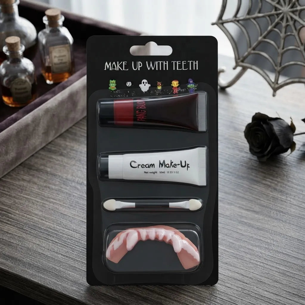 Kit Maquillaje Vampiro Sangre Falsa Blanco Colmillos Pincel