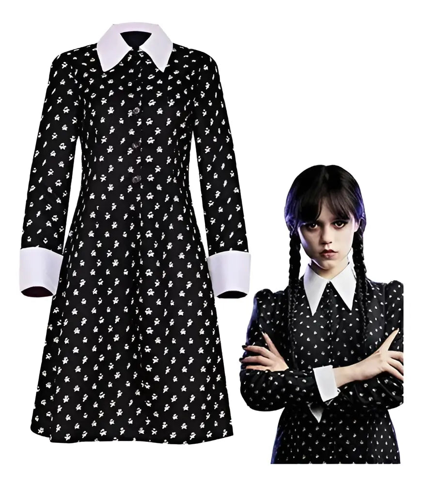 Disfraz Merlina Familia Addams Vestido Con Calaveras Niña