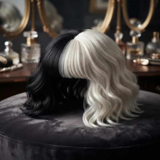 Peluca Cruella De Vil Bicolor Blanco Negro Halloween Disfraz