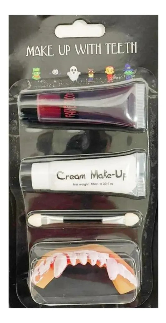 Kit Maquillaje Vampiro Sangre Falsa Blanco Colmillos Pincel