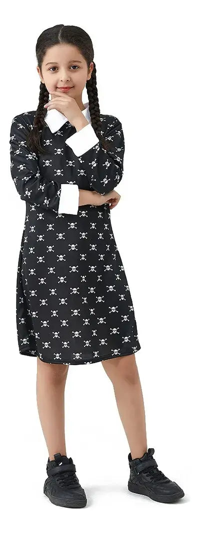 Disfraz Merlina Familia Addams Vestido Con Calaveras Niña
