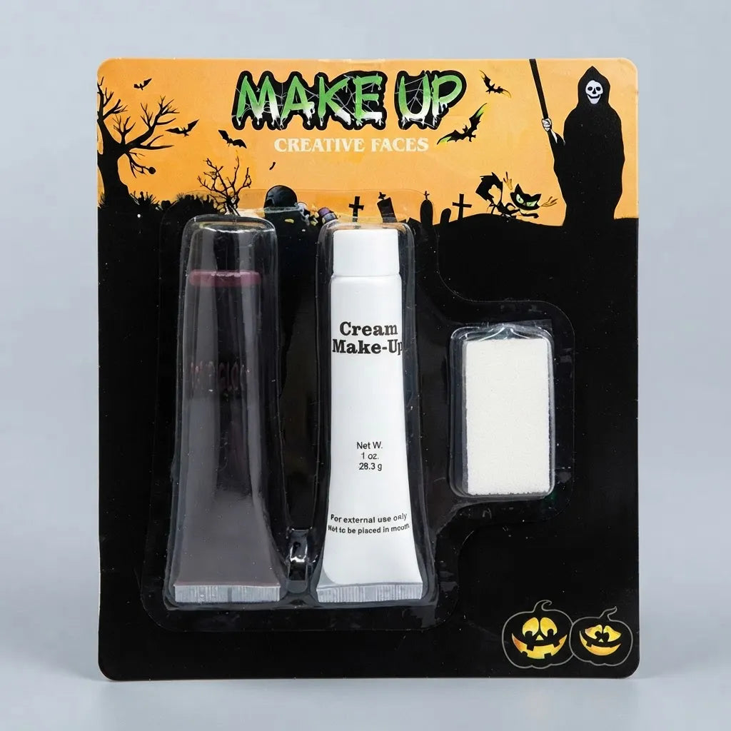 Set Maquillaje Halloween Sangre Falsa Pintura Blanca Esponja