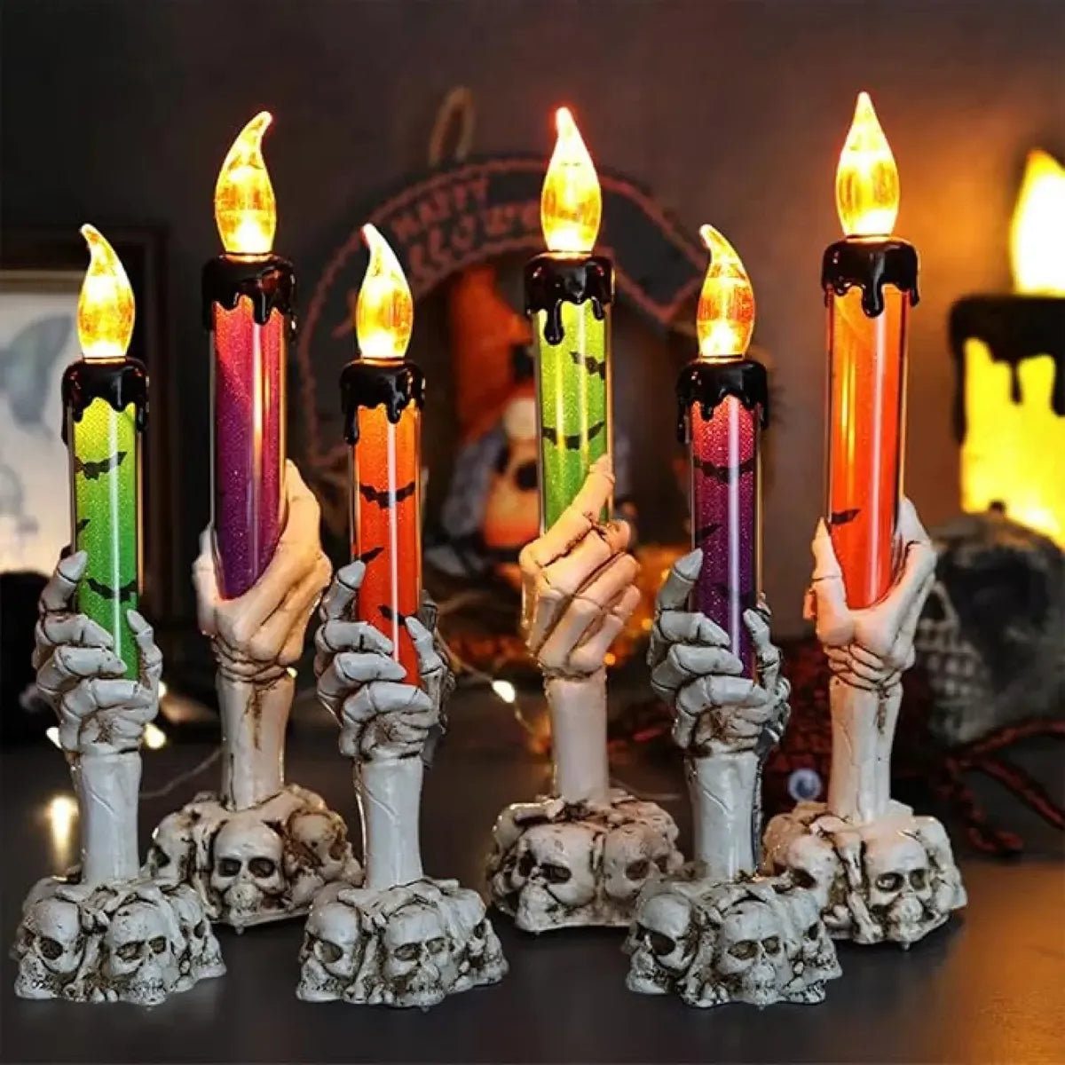 Vela Led Con Candelabro Mano Halloween Adorno Llama 21cm