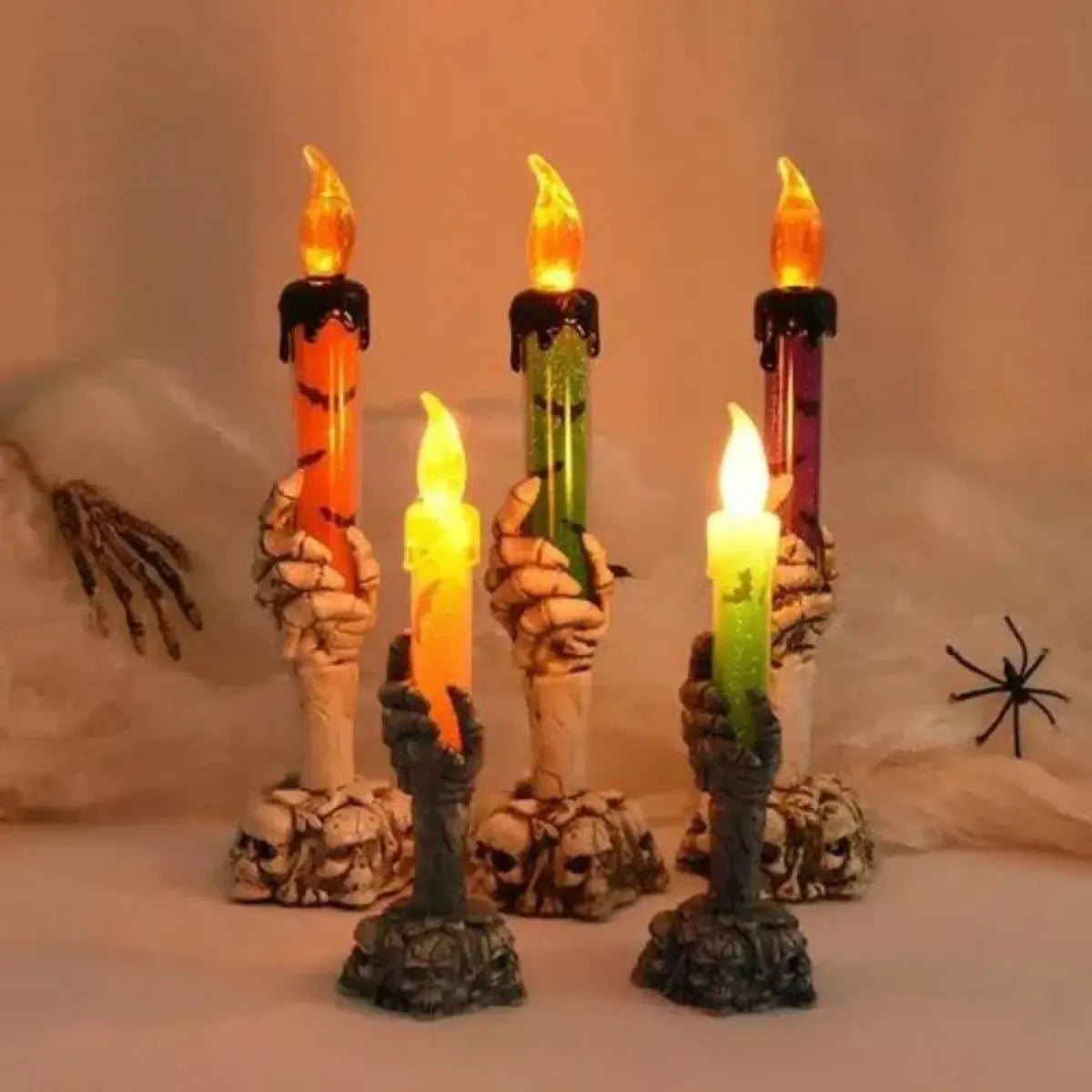 Vela Led Con Candelabro Mano Halloween Adorno Llama 21cm