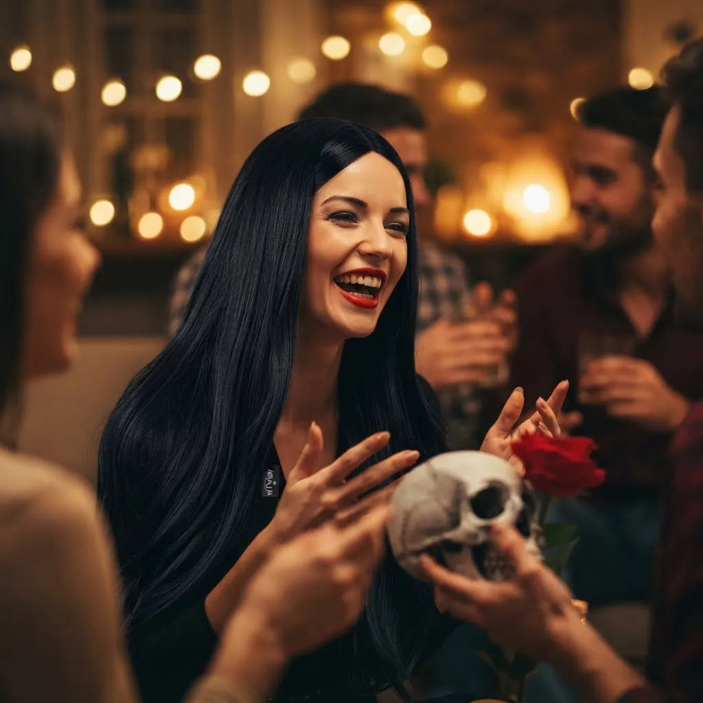 Peluca Larga Negra Lacia Morticia Halloween Disfraz Cosplay