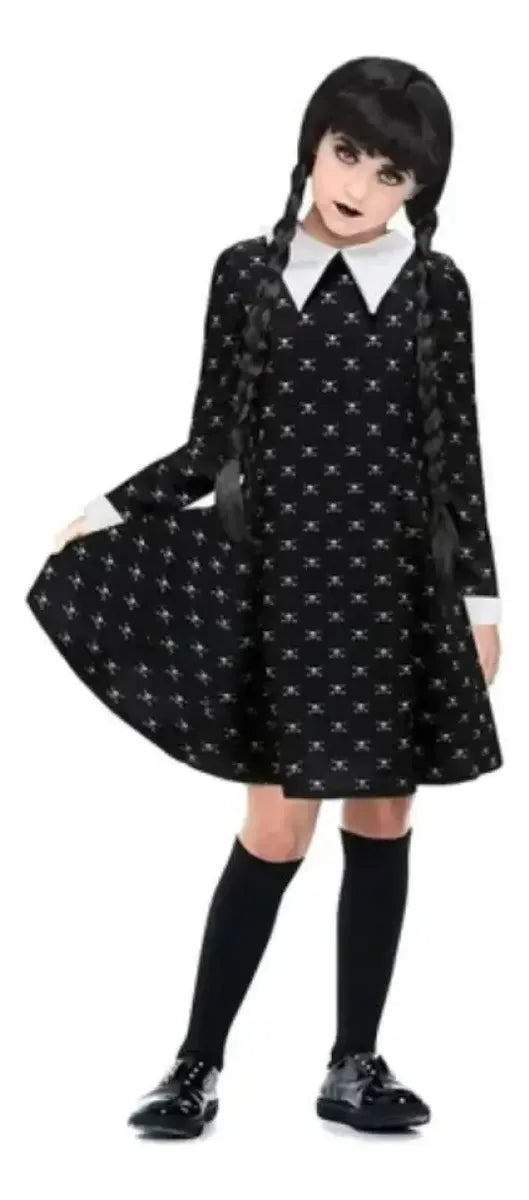 Disfraz Merlina Familia Addams Vestido Con Calaveras Niña