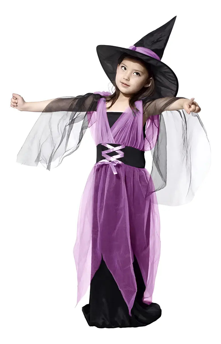 Disfraz Brujita Vestido Violeta Sombrero Morado Para Niña