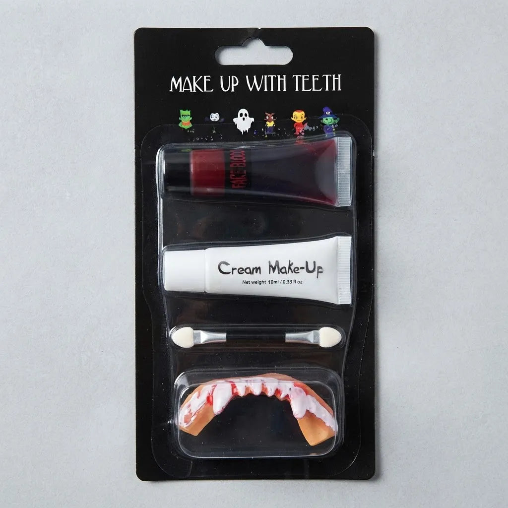 Kit Maquillaje Vampiro Sangre Falsa Blanco Colmillos Pincel