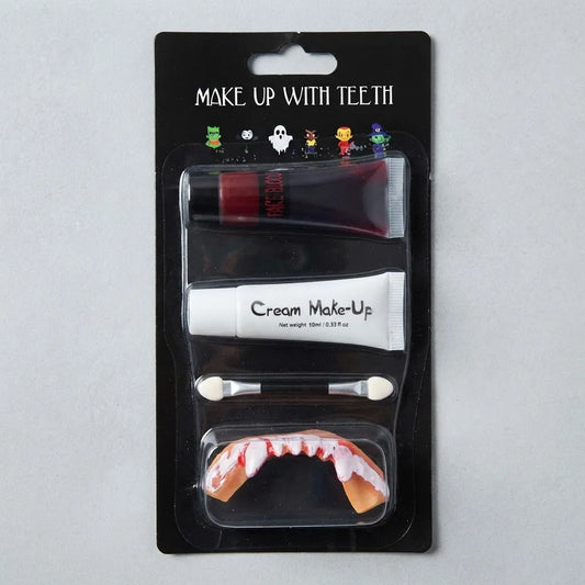 Kit Maquillaje Vampiro Sangre Falsa Blanco Colmillos Pincel