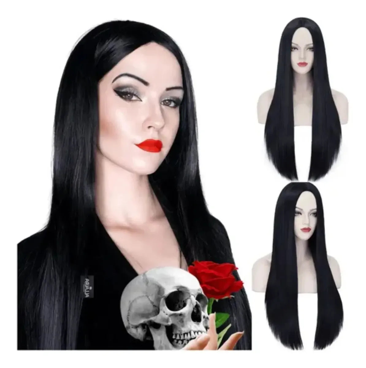 Peluca Larga Negra Lacia Morticia Halloween Disfraz Cosplay