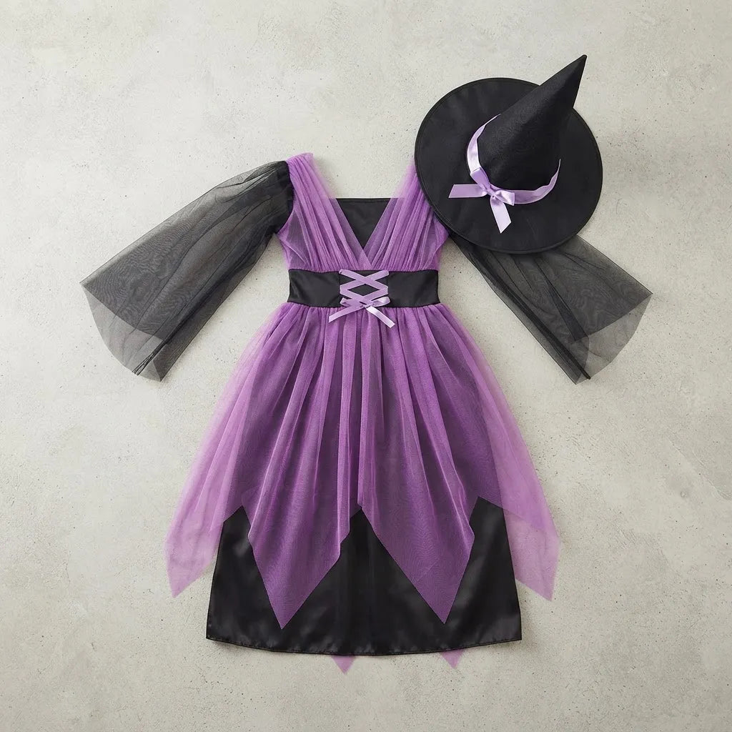Disfraz Brujita Vestido Violeta Sombrero Morado Para Niña