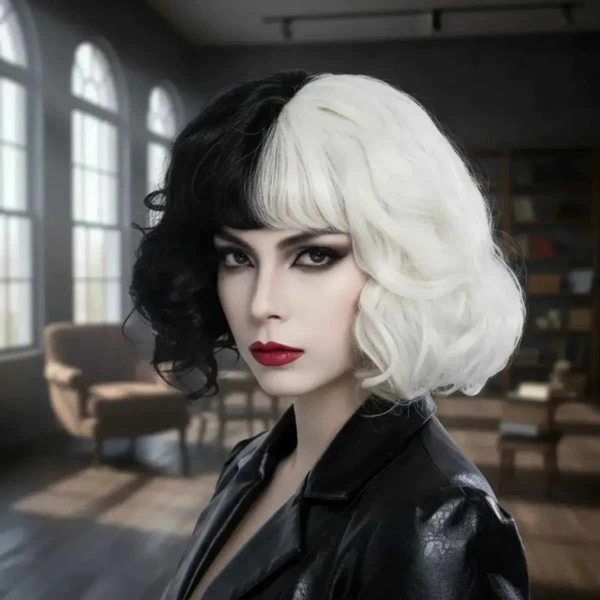 Peluca Cruella De Vil Bicolor Blanco Negro Halloween Disfraz