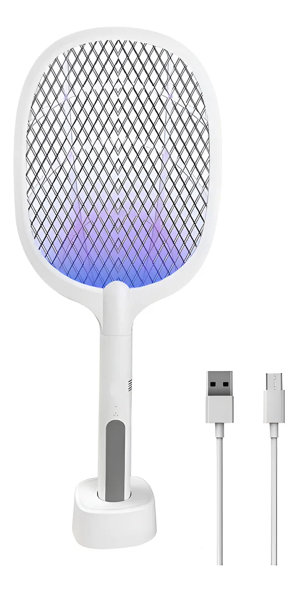 Raqueta Eléctrica Antimosquitos 2 en 1 con Luz LED UV y Base - Recargable USB 🦟⚡