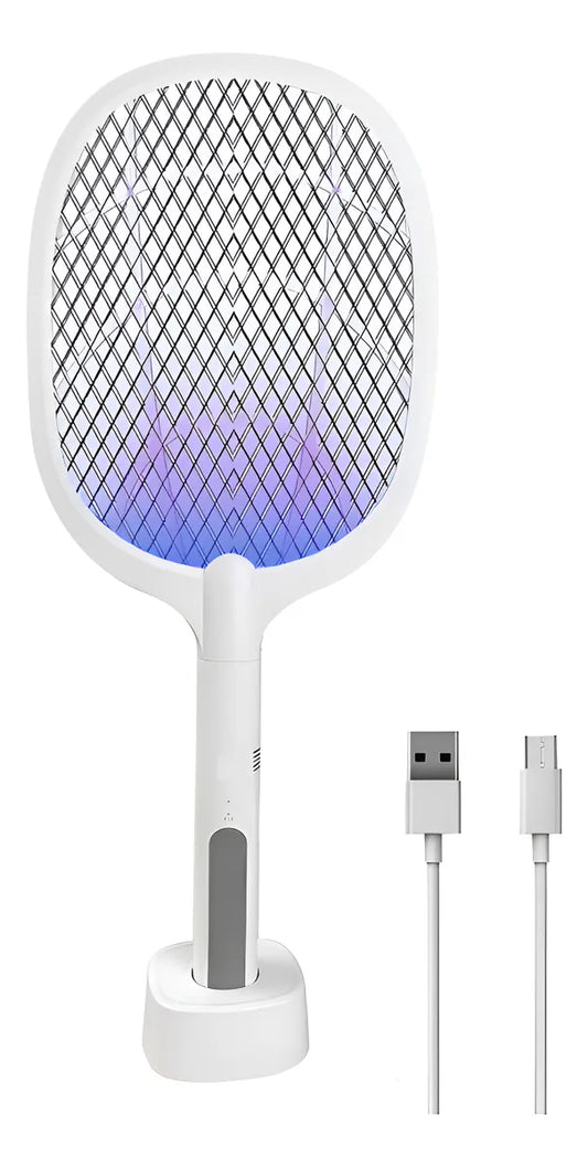 Raqueta Eléctrica Antimosquitos 2 en 1 con Luz LED UV y Base - Recargable USB 🦟⚡