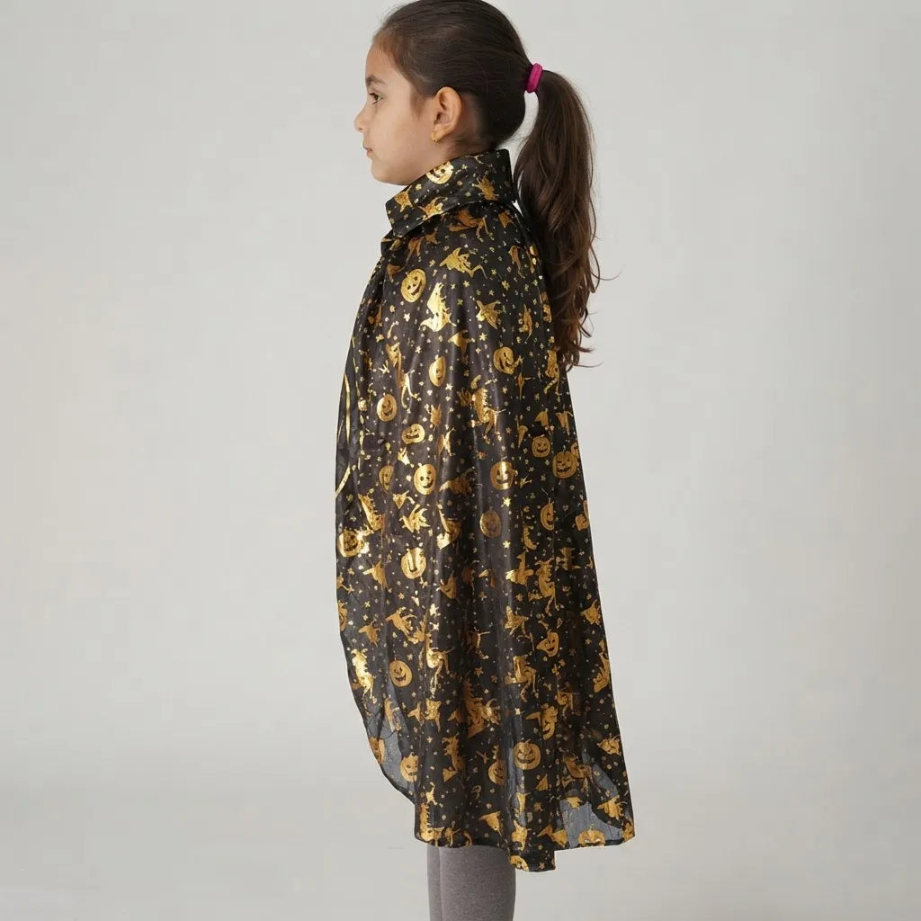 Capa Brujo Bruja Infantil Halloween Estampa Dorada Disfraz
