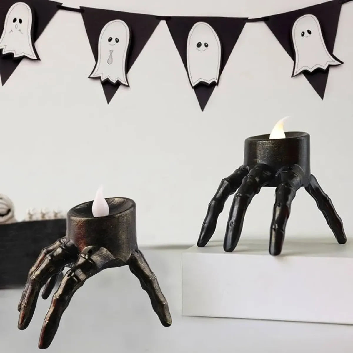 Veladora Led Mano Esqueleto Halloween Candelabro Adorno