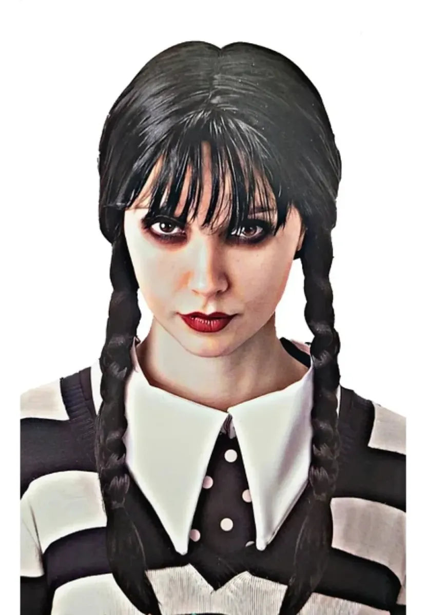 Peluca Merlina Addams Con Trenzas Halloween Disfraz Cosplay