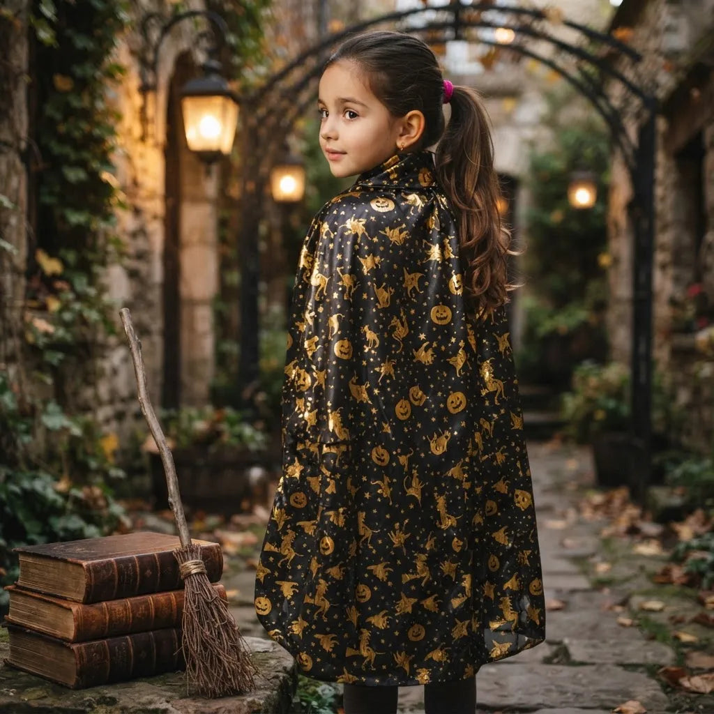Capa Brujo Bruja Infantil Halloween Estampa Dorada Disfraz