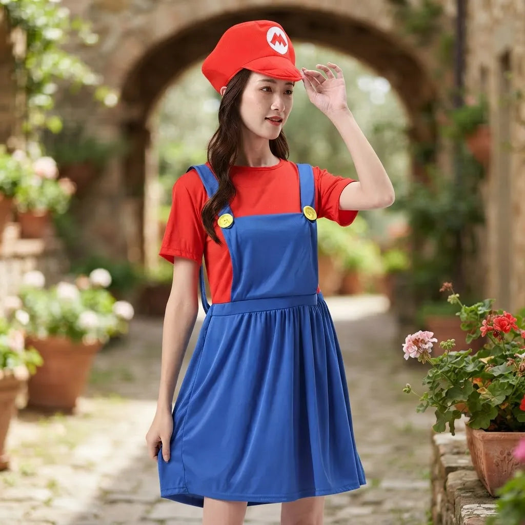 Disfraz Mario Bros Mujer Vestido Con Gorro Y Bigote Fiesta