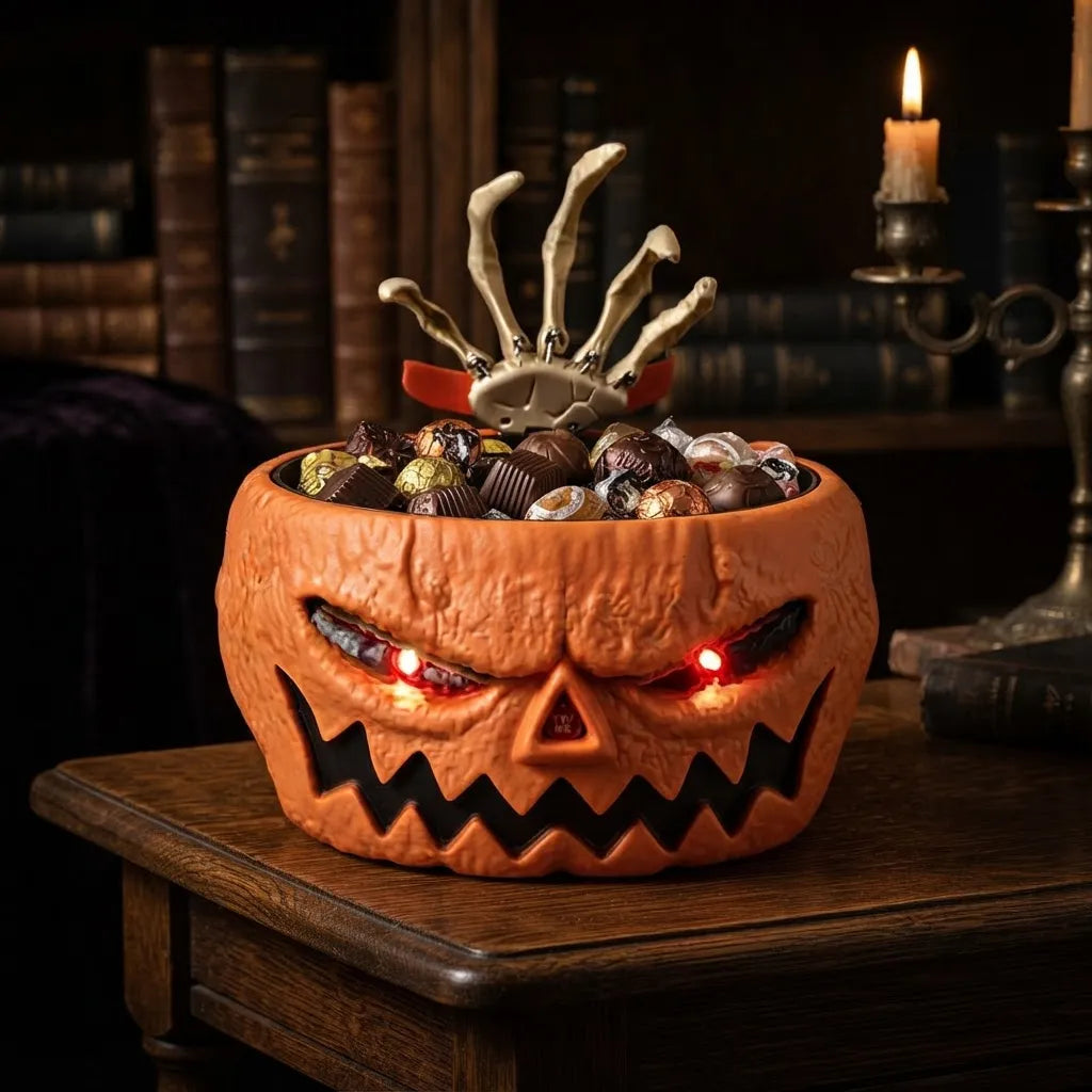 Caramelera Halloween Con Sensor Movimiento Luz Sonido Mano