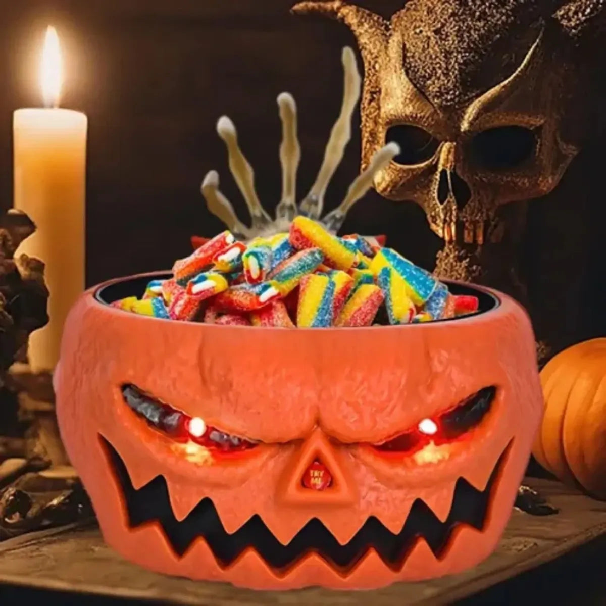 Caramelera Halloween Con Sensor Movimiento Luz Sonido Mano