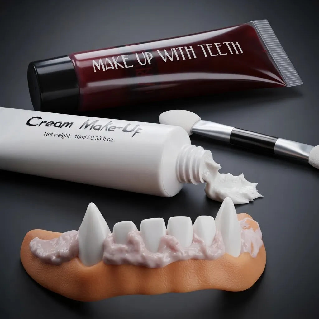 Kit Maquillaje Vampiro Sangre Falsa Blanco Colmillos Pincel