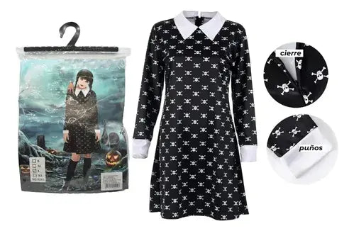 Disfraz Merlina Familia Addams Vestido Con Calaveras Niña