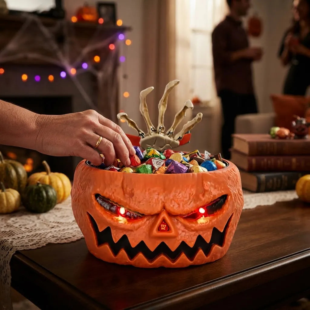 Caramelera Halloween Con Sensor Movimiento Luz Sonido Mano