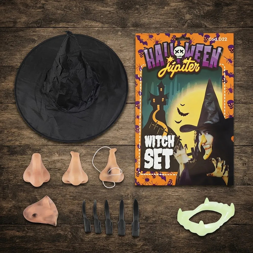 Set Completo Bruja Halloween Gorro Nariz Diente Uñas Disfraz
