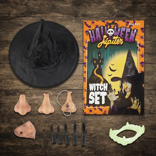 Set Completo Bruja Halloween Gorro Nariz Diente Uñas Disfraz