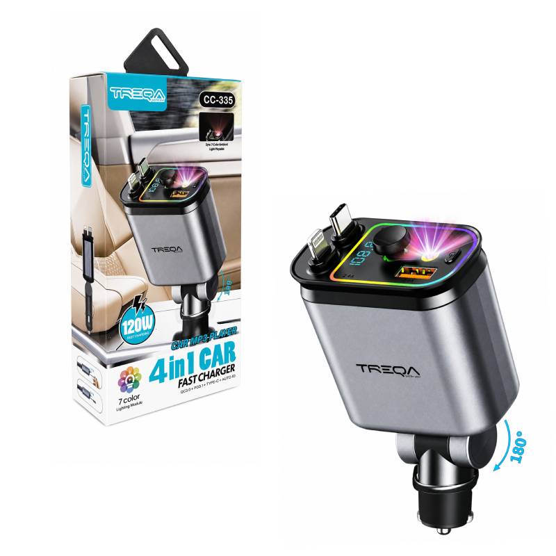 Cargador Auto Retráctil 120W Carga Rápida Bluetooth RGB | Tipo C e iPhone