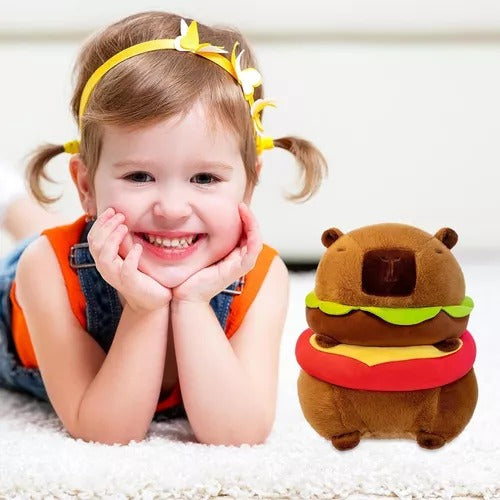 Peluche Capibara Hamburguesa 21cm - Carpincho de Felpa Suave Serie Tendencia Viral 🦦🍔