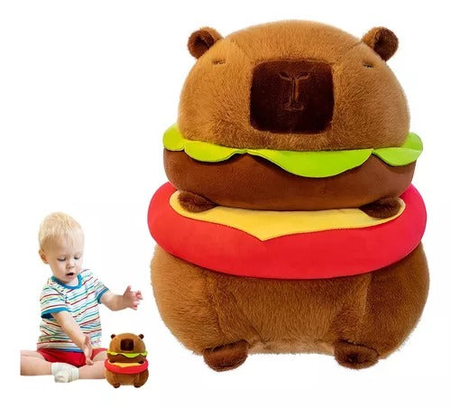 Peluche Capibara Hamburguesa 21cm - Carpincho de Felpa Suave Serie Tendencia Viral 🦦🍔