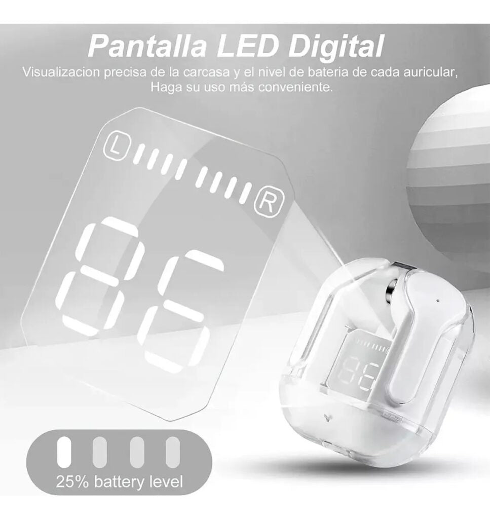 Auriculares Bluetooth con Pantalla Digital Transparente y Carga Tipo-C