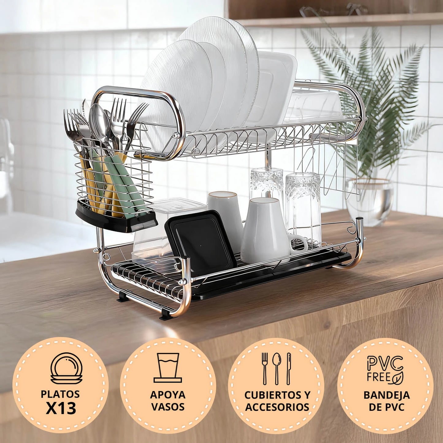 Escurridor de Platos de Mesa 2 Niveles en Acero Cromado PREMIUM