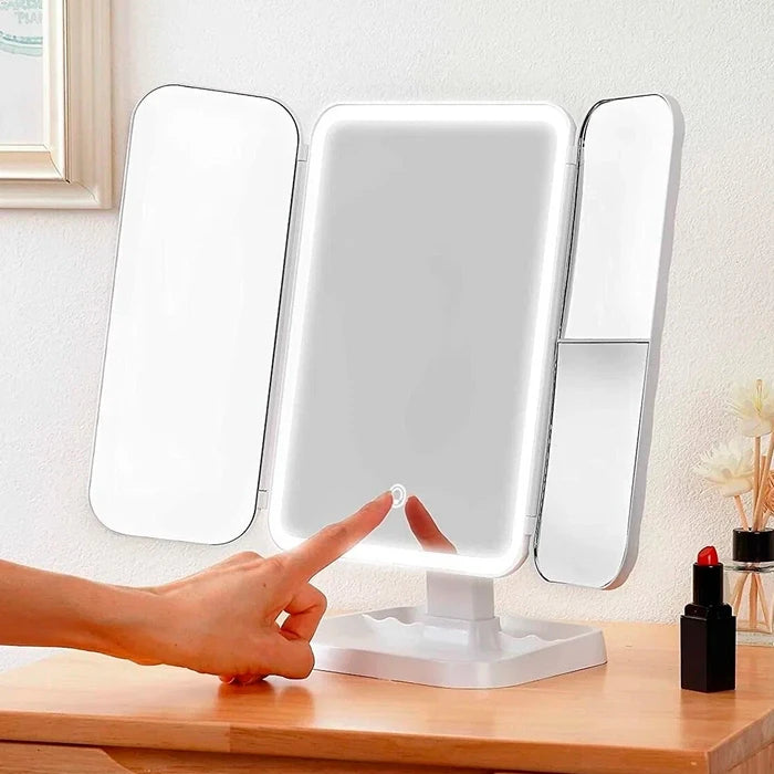 Espejo de Tocador Triple LED Plegable | Aumento 3x y Batería 2000mAh