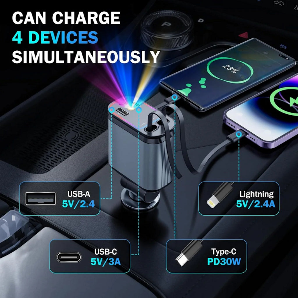Cargador Auto Retráctil 120W Carga Rápida Bluetooth RGB | Tipo C e iPhone