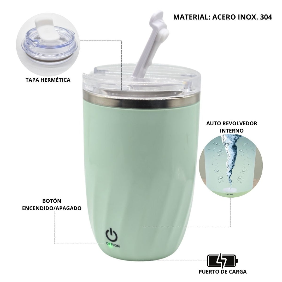 Taza Térmica Auto Revolvedora 380ml - Recargable USB con Tapa Hermética
